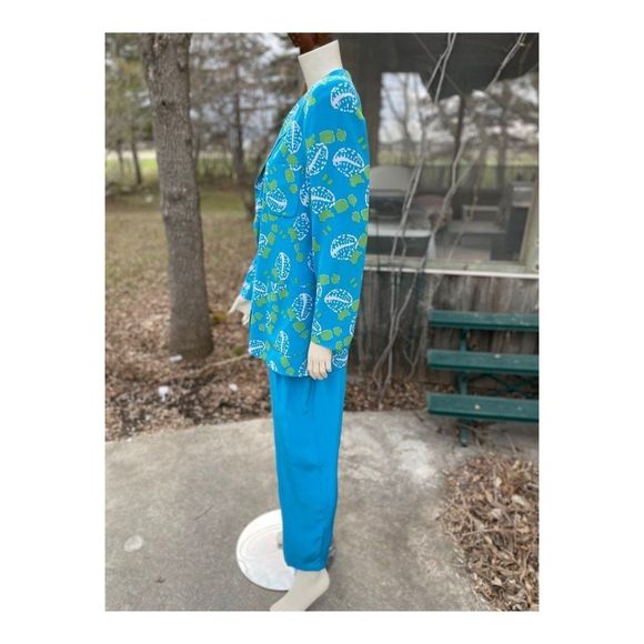 Alfred Sung Vintage 90s 100% Silk 3 Piece Dress Suit Turquoise Green Abstract - Picture 13 of 16
